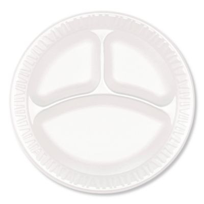 Foam Dinnerware, 3-Compartment Plate, 9" Dia, White, 125/Sleeve, 4 Sleeves/Pack