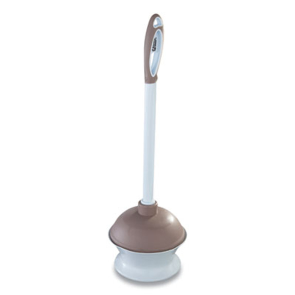 Plastic Toilet Plunger And Caddy With Microban, 16" Plastic Handle, 6.5" Dia, White/Taupe