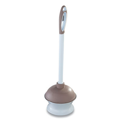 Plastic Toilet Plunger And Caddy With Microban, 16" Plastic Handle, 6.5" Dia, White/Taupe