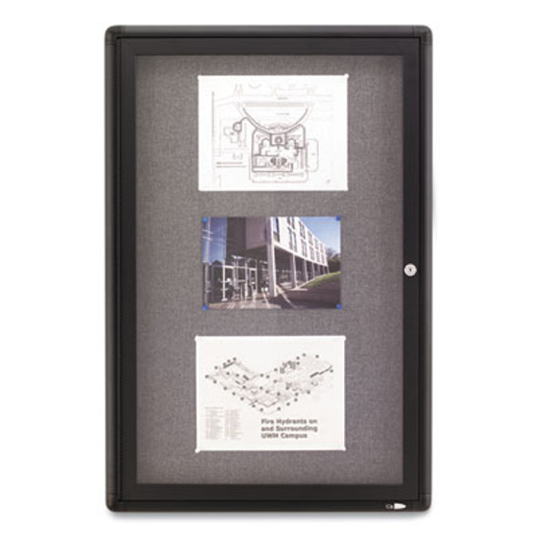 Enclosed Indoor Fabric Bulletin Board With One Hinged Door, 24" x 36", Gray Surface, Graphite Gray Aluminum Frame