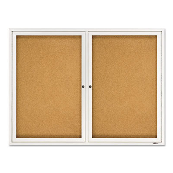 Enclosed Indoor Cork Bulletin Board With Two Hinged Doors, 48" x 36", Tan Surface, Satin Aluminum Frame
