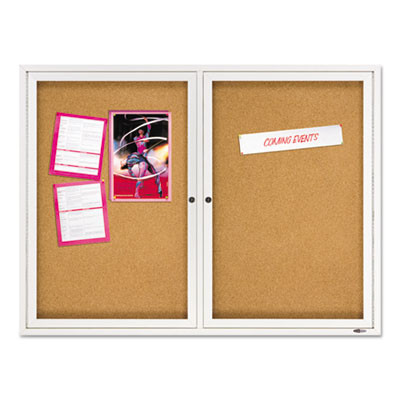 Enclosed Indoor Cork Bulletin Board With Two Hinged Doors, 48" x 36", Tan Surface, Satin Aluminum Frame