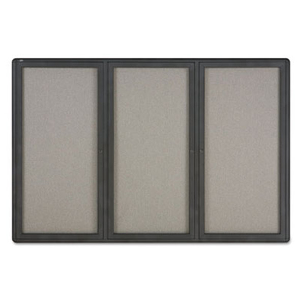 Enclosed Indoor Fabric Bulletin Board With Three Hinged Doors, 72" x 48", Gray Surface, Graphite Gray Aluminum Frame