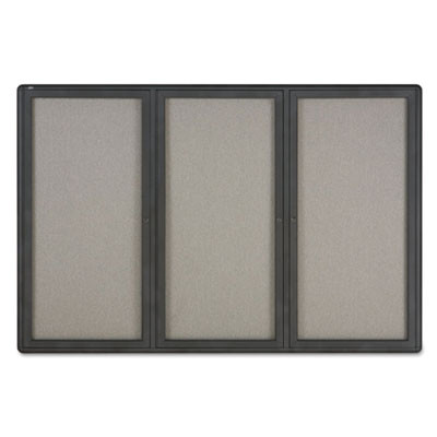 Enclosed Indoor Fabric Bulletin Board With Three Hinged Doors, 72" x 48", Gray Surface, Graphite Gray Aluminum Frame