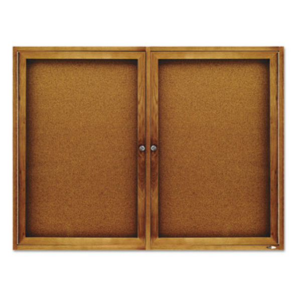 Enclosed Indoor Cork Bulletin Board With Two Hinged Doors, 48" x 36", Tan Surface, Oak Finished Fiberboard (Mdf) Frame