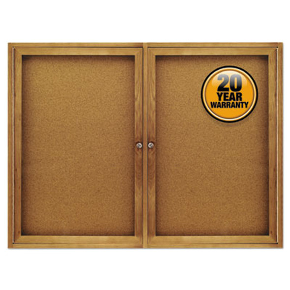 Enclosed Indoor Cork Bulletin Board With Two Hinged Doors, 48" x 36", Tan Surface, Oak Finished Fiberboard (Mdf) Frame
