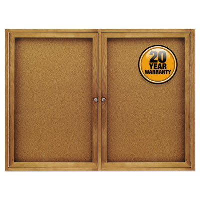 Enclosed Indoor Cork Bulletin Board With Two Hinged Doors, 48" x 36", Tan Surface, Oak Finished Fiberboard (Mdf) Frame