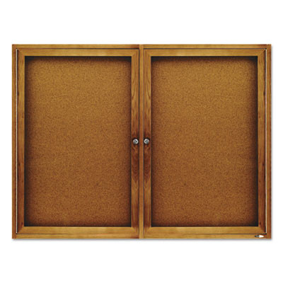 Enclosed Indoor Cork Bulletin Board With Two Hinged Doors, 48" x 36", Tan Surface, Oak Finished Fiberboard (Mdf) Frame