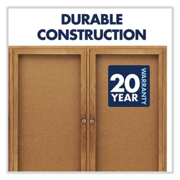 Enclosed Indoor Cork Bulletin Board With Three Hinged Doors, 72" x 48", Tan Surface, Oak Finished Fiberboard (Mdf) Frame