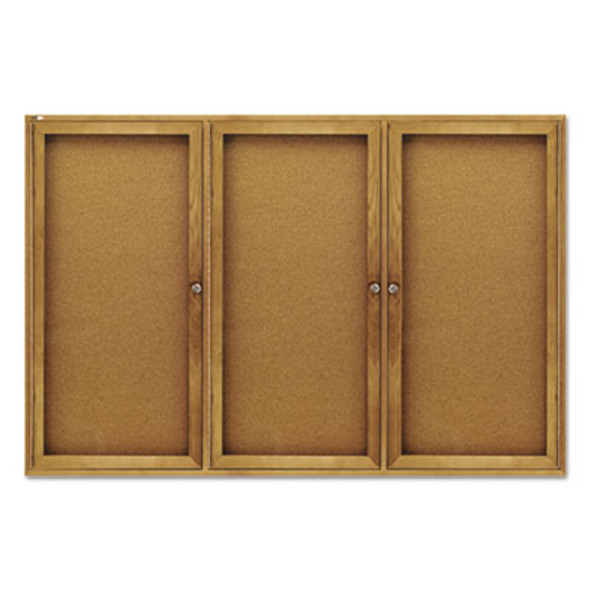 Enclosed Indoor Cork Bulletin Board With Three Hinged Doors, 72" x 48", Tan Surface, Oak Finished Fiberboard (Mdf) Frame