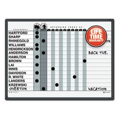 Employee In/Out Board System, 15-Person Tracking, 24" x 18", White/Gray Surface, Black Aluminum Frame