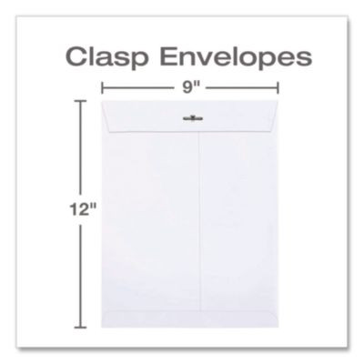 Clasp Envelope, 28 Lb Bond Weight Paper, #90, Square Flap, Clasp/Gummed Closure, 9 x 12, White, 100/Box