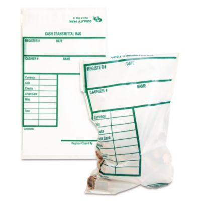 Clear Cash Transmittal Bags With Pre-Printed Info Block, Polyethylene, 6" x 9", Clear, 100/Pack