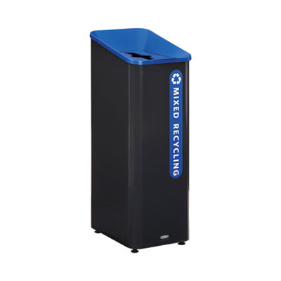 Sustain Decorative Refuse With Recycling Lid, 15 Gal, Metal/Plastic, Black/Blue