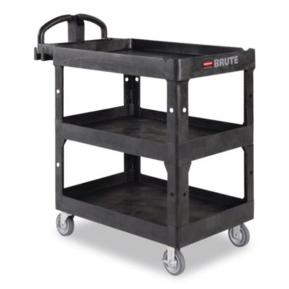 Brute 3-Shelf Heavy-Duty Ergo Lipped Utility Cart, Resin, 3 Shelves, 600 Lb Capacity, 25.24" x 44" x 47", Black