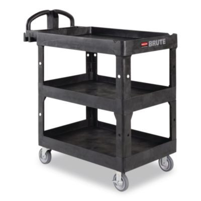 Brute 3-Shelf Heavy-Duty Ergo Lipped Utility Cart, Resin, 3 Shelves, 600 Lb Capacity, 25.24" x 44" x 47", Black