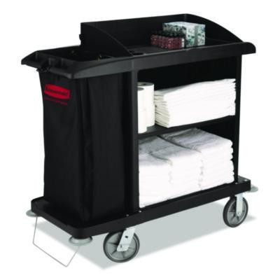 Multi-Shelf Cleaning Cart, Plastic, 4 Shelves, 1 Bin, 22" x 49" x 50", Black