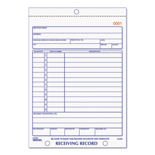 Receiving Record Book, Three-Part Carbonless, 5.56 x 7.94, 50 Forms Total