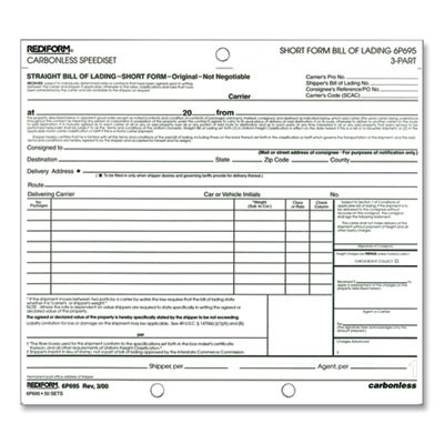 Speediset Bill Of Lading, Short Form, Three-Part Carbonless, 7 x 8.5, 50 Forms Total