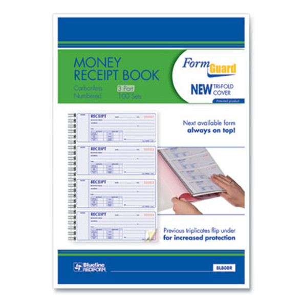 Money Receipt Book, Formguard Cover, Three-Part Carbonless, 7 x 2.75, 4 Forms/Sheet, 100 Forms Total