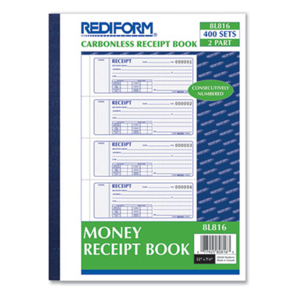 Receipt Book, Two-Part Carbonless, 7 x 2.75, 4 Forms/Sheet, 400 Forms Total