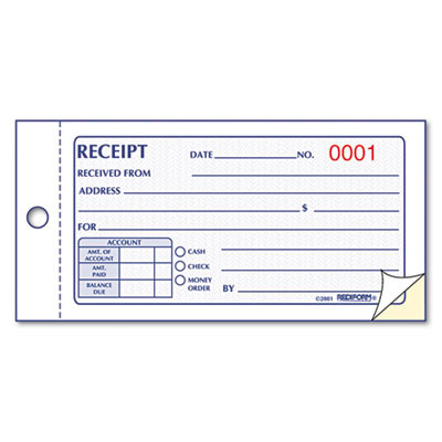 Small Money Receipt Book, Two-Part Carbonless, 2.75 x 5, 50 Forms Total