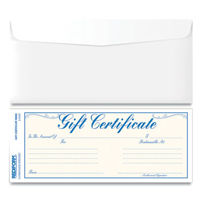 Gift Certificates With Envelopes, 8.5 X 3.67, Blue/Gold With Blue Border, 25/Pack