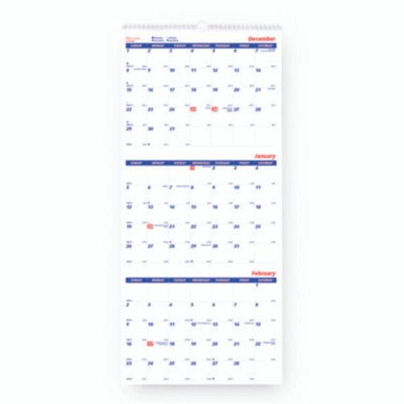 Three-Month Wall Calendar, 12.25" x 27", White/Blue Sheets, 14-Month: Dec 2025 To Jan 2027