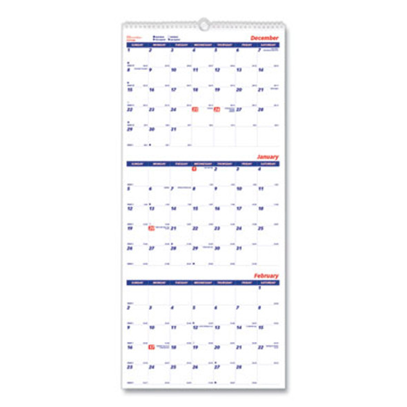 Three-Month Wall Calendar, 12.25" x 27", White/Blue Sheets, 14-Month: Dec 2025 To Jan 2027