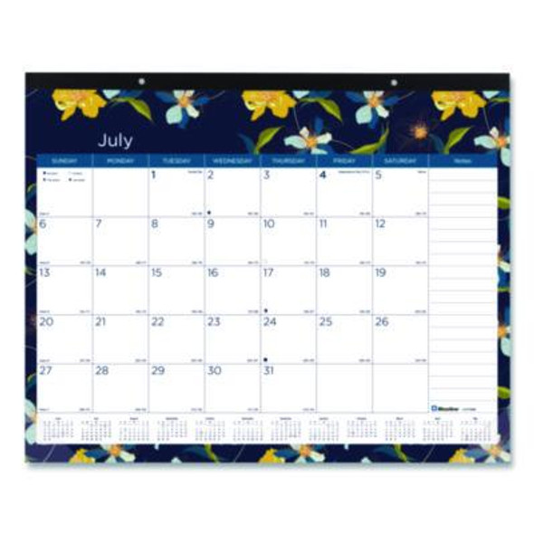 Academic 18-Month Desk Pad Calendar, Floral Artwork, 22 x 17, White/Multicolor Sheets, Black Headband, July 2025 To Dec 2026