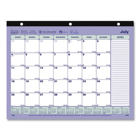 Academic 13-Month Binder-Insertable Desk Pad Calendar, 11 x 8.5, White/Blue/Green Sheets, 13-Month: July 2025 To July 2026