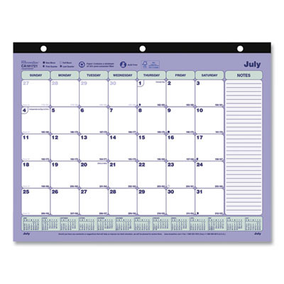 Academic 13-Month Binder-Insertable Desk Pad Calendar, 11 x 8.5, White/Blue/Green Sheets, 13-Month: July 2025 To July 2026