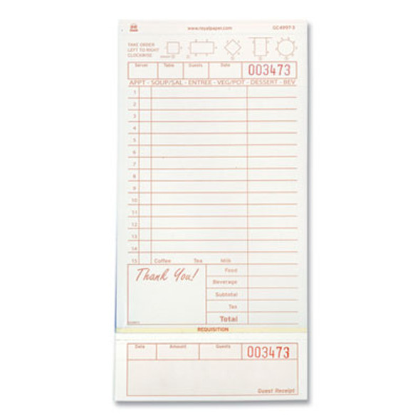 Guest Check Loose-Pack Refill, 15 Lines, Three-Part Carbonless, 4.2 x 8.5, 200 Forms/Pad, 10 Pads/Carton