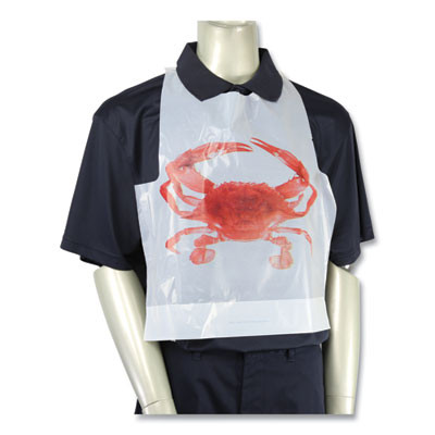 Heavyweight Poly Aprons, Crab Design, One Size Fits Most, White/Red, 500/Box, 5 Boxes/Carton