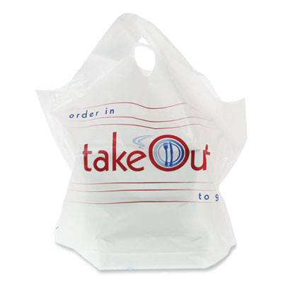 Wave Top To-Go Bags, Take-Out Labeling, Cut-Out Handles, 19" x 9.5" x 19", White/Blue/Red, 500/Carton