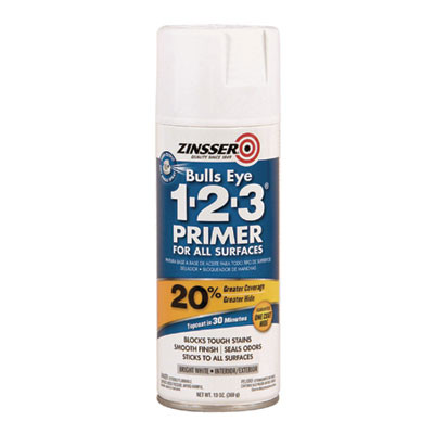 Bulls Eye 1-2-3 Primer Spray, Interior/Exterior, Flat White, 13 Oz Aerosol Can, 6/Carton