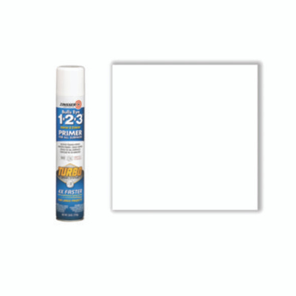 Bulls Eye 1-2-3 Primer Spray, Turbo Spray System, Interior/Exterior, Flat Bright White, 26 Oz Aerosol Can, 6/Carton