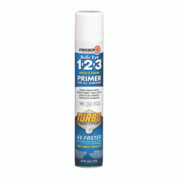 Bulls Eye 1-2-3 Primer Spray, Turbo Spray System, Interior/Exterior, Flat Bright White, 26 Oz Aerosol Can, 6/Carton