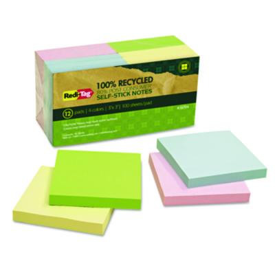 100% Recycled Self-Stick Notes, 3" x 3", Assorted Pastel Colors, 100 Sheets/Pad, 12 Pads/Pack