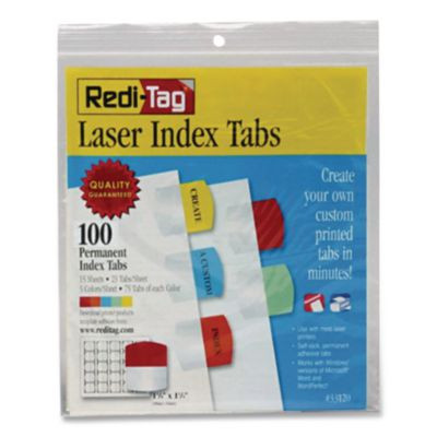 Laser Printable Index Tabs, 1/5-Cut, Assorted Colors, 1.13" Wide, 100/Pack