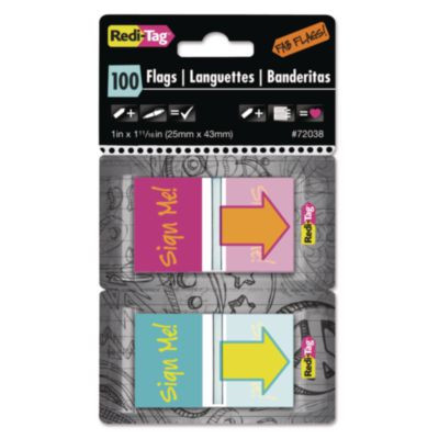 Pop-Up Fab Page Flags W/Dispenser, "Sign Me!", Red/Orange, Teal/Yellow, 100/Pack