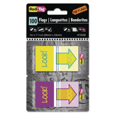 Pop-Up Fab Page Flags W/Dispenser, "Look!", Purple/Yellow; Yellow/Teal, 100/Pack