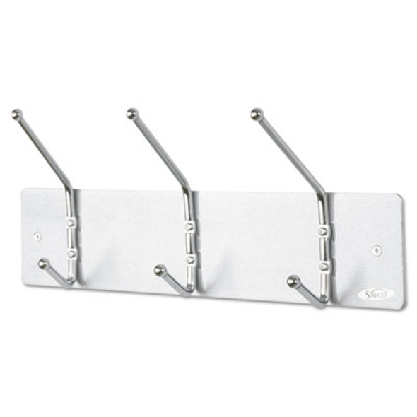 Metal Wall Rack, Three Ball-Tipped Double-Hooks, Metal, 18w x 3.75d x 7h, Satin