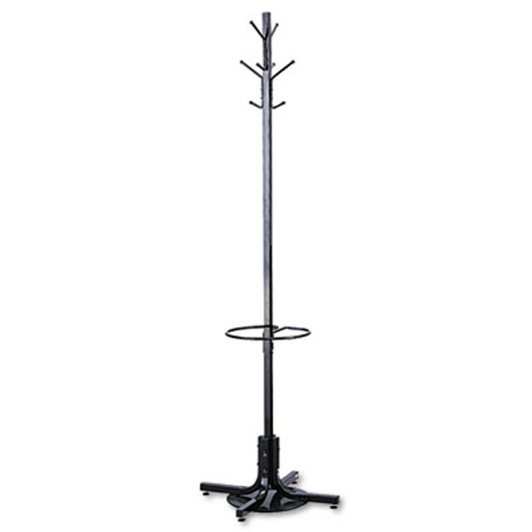Metal Costumer With Umbrella Holder, Four Ball-Tipped Double-Hooks, 21w x 21d x 70h, Black