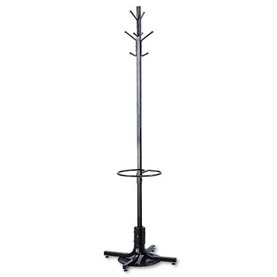 Metal Costumer With Umbrella Holder, Four Ball-Tipped Double-Hooks, 21w x 21d x 70h, Black