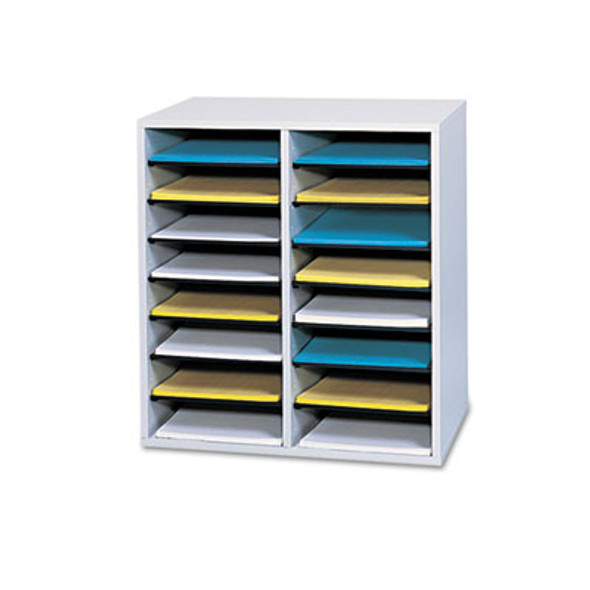 Wood/Laminate Literature/Cd Sorter, 16 Compartments, 19.5 x 11.75 x 21, Gray Wood