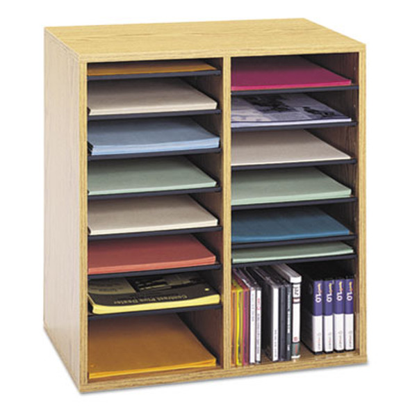 Wood/Laminate Literature/Cd Sorter, 16 Compartments, 19.5 x 11.75 x 21, Medium Oak