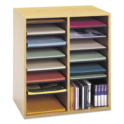 Wood/Laminate Literature/Cd Sorter, 16 Compartments, 19.5 x 11.75 x 21, Medium Oak