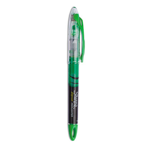 Liquid Pen Style Highlighters, Fluorescent Green Ink, Chisel Tip, Green/Black/Clear Barrel, Dozen
