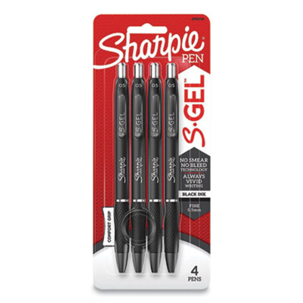 S-Gel High-Performance Gel Pen, Retractable, Fine 0.5 Mm, Black Ink, Black Barrel, 4/Pack